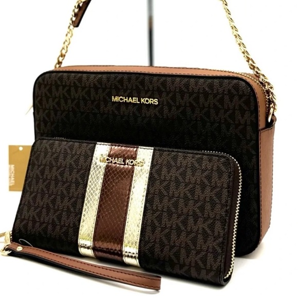 Michael Kors Large EW Zip Chain Xbody Crossbody Bag & Continental Wallet Brown - Picture 1 of 13